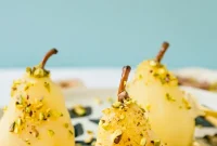 Poached Pears in Wine with Honey Drizzle & Pistachios