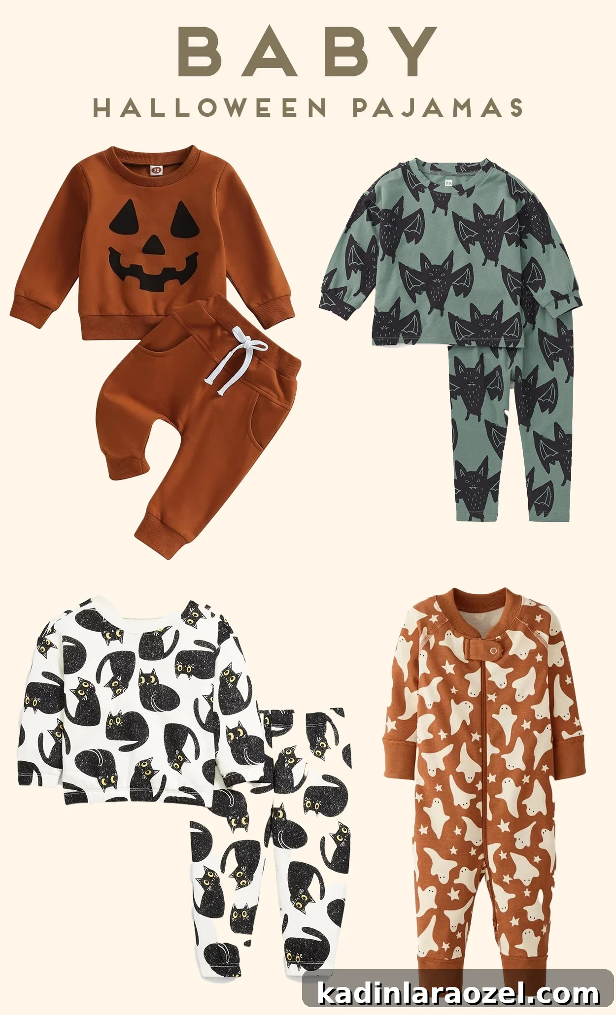 Baby Halloween pajamas, featuring jack-o-lantern pumpkins, ghosts, and cute pets