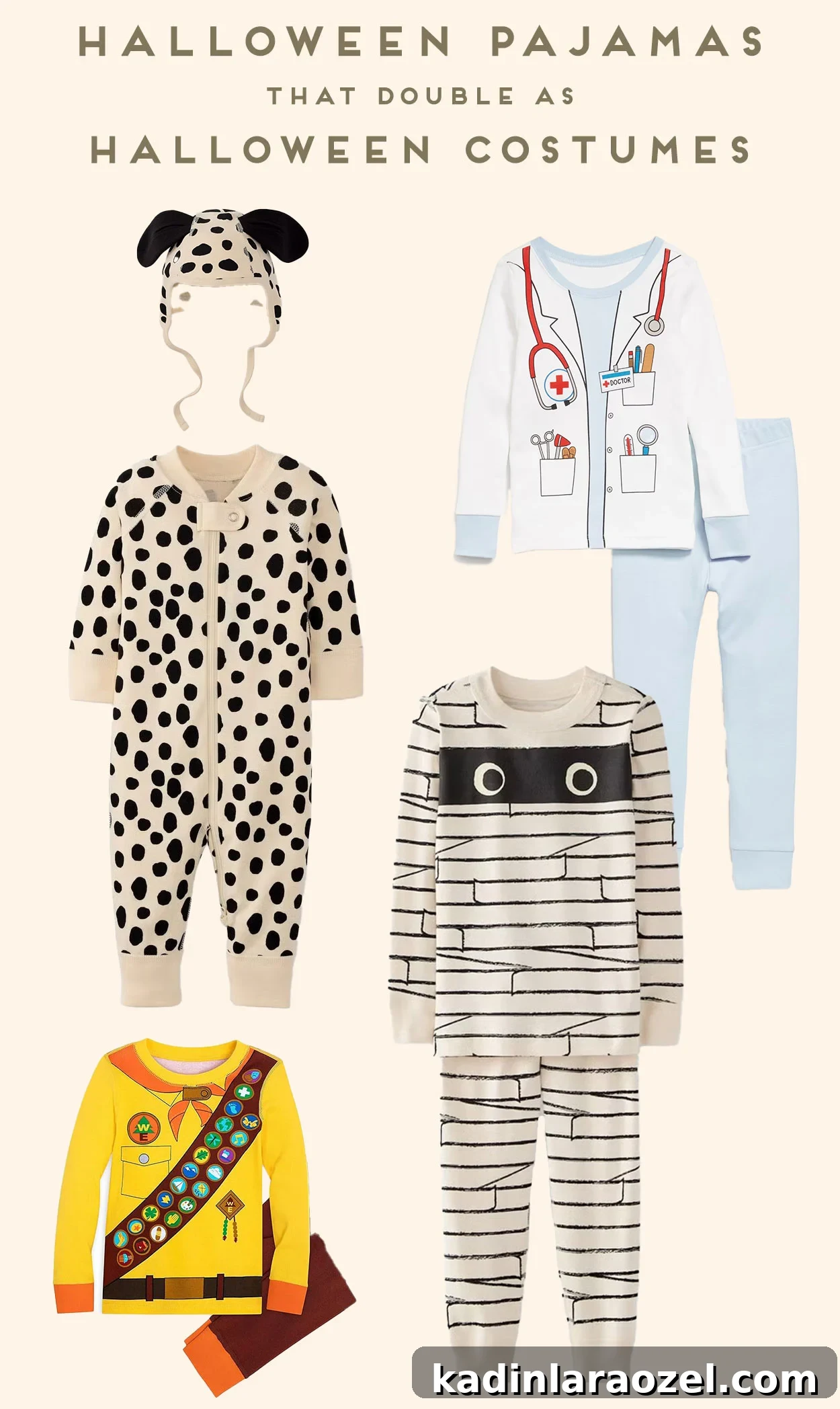 Halloween pajamas that double as Halloween costumes - featuring mummy costume, dog costume, doctor costume, and more.