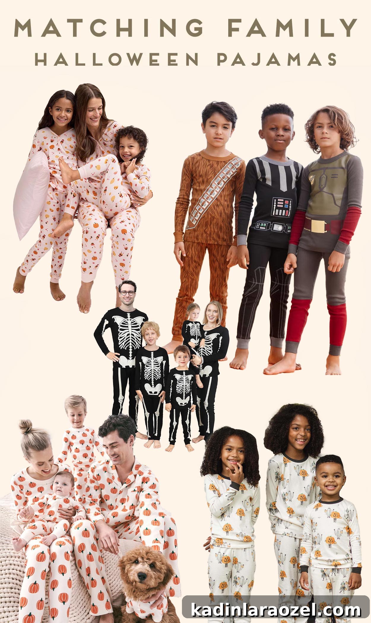 family halloween pajamas that feature ghost prints, pumpkins, star wars, and skeletons