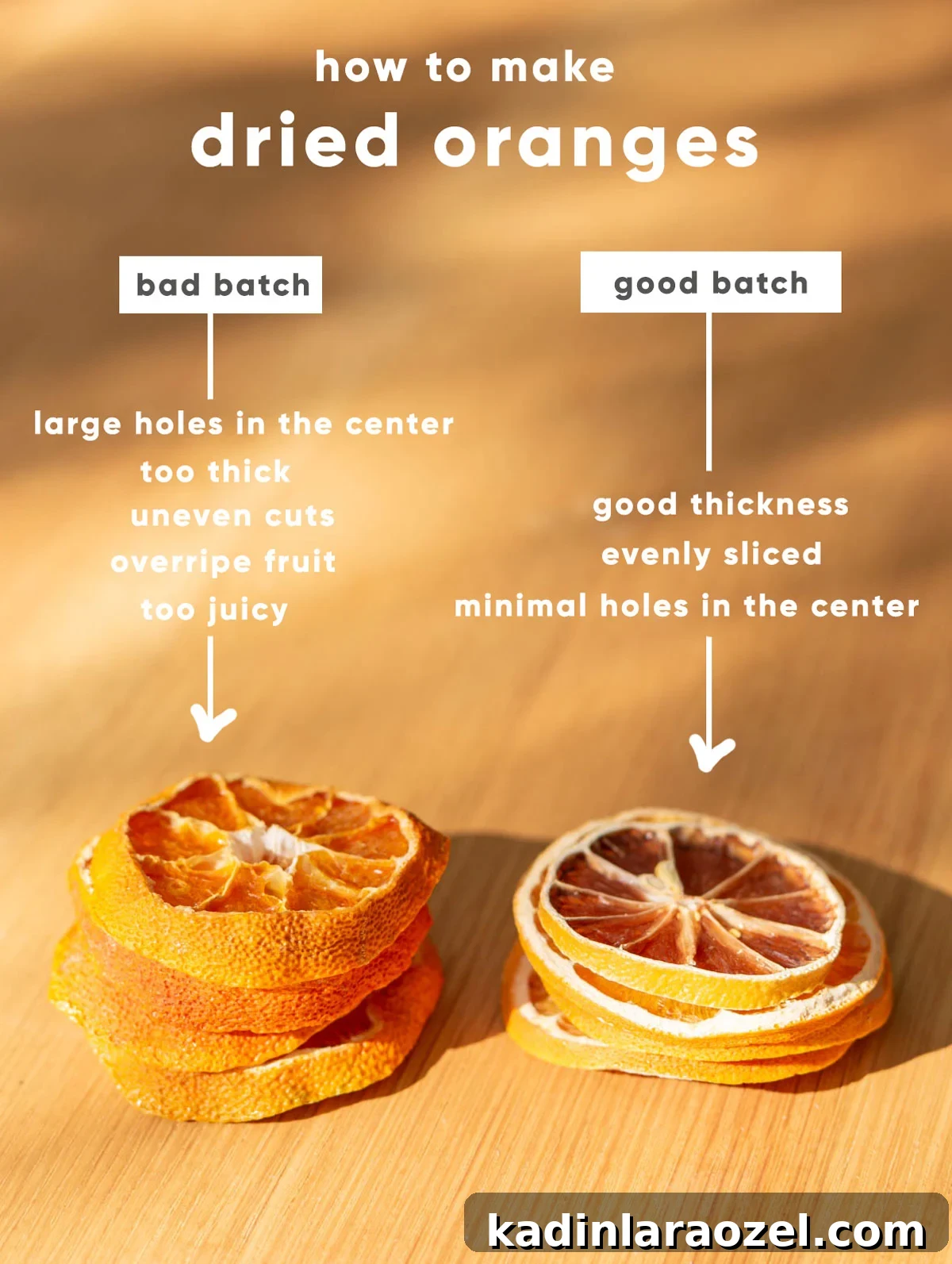 two stacks of dried orange slices, featuring a good example and a bad example 