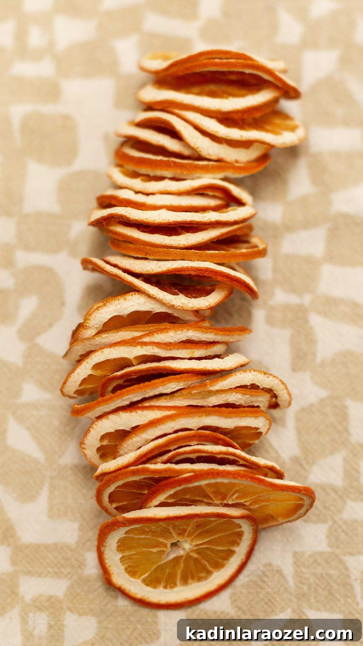 thinly sliced dried oranges stacked in a row on a pattern tea towel in the kitchen 