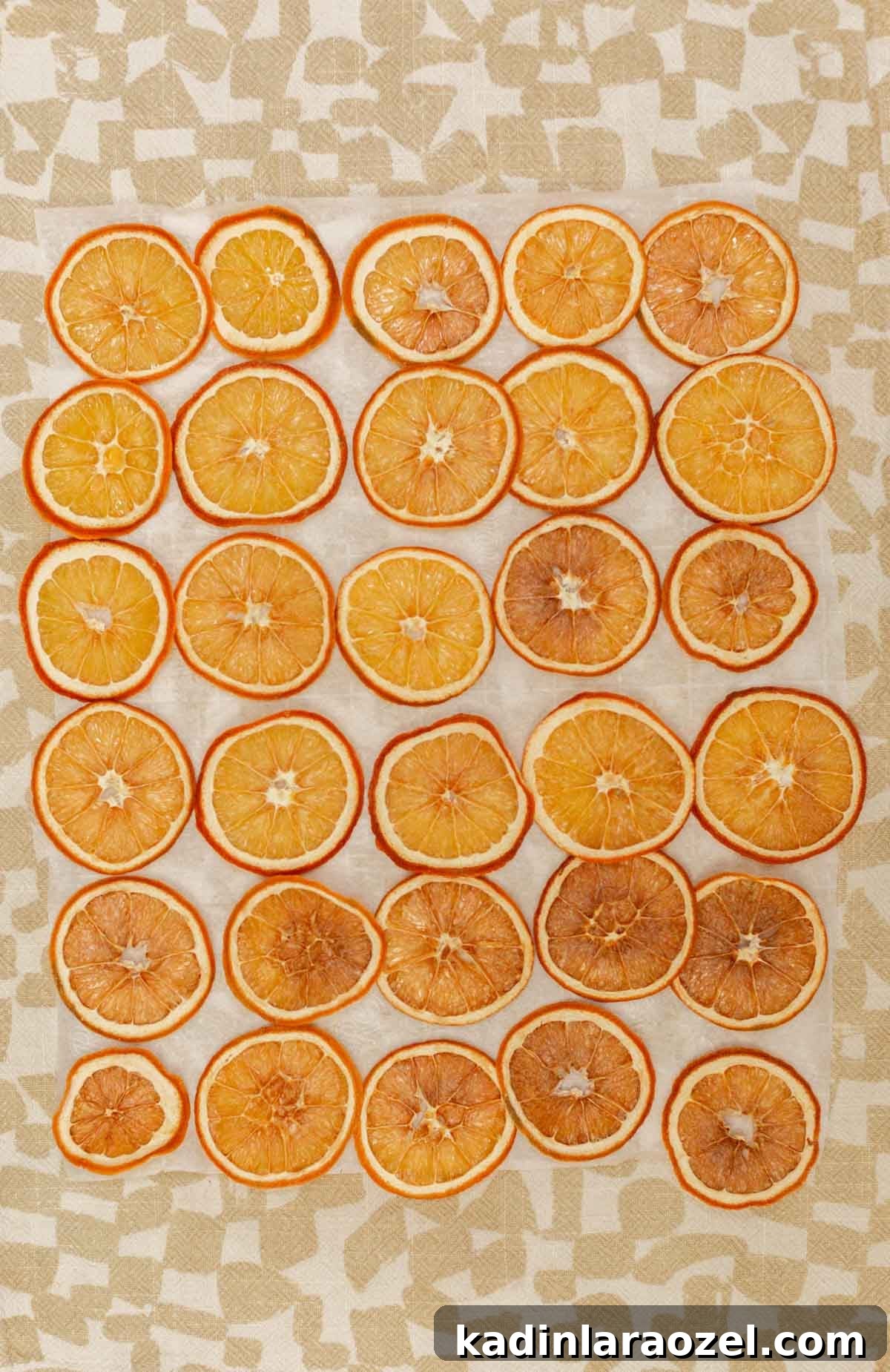 Lined up oranges all sliced up and in neat rows, laying on patterned tea towel