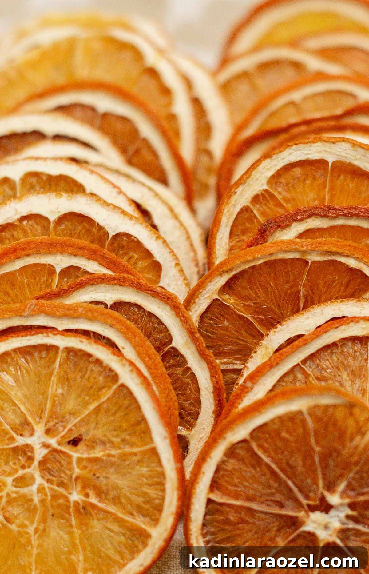 closeup of lined up, dried orange slices, ready for holiday garlands and decor