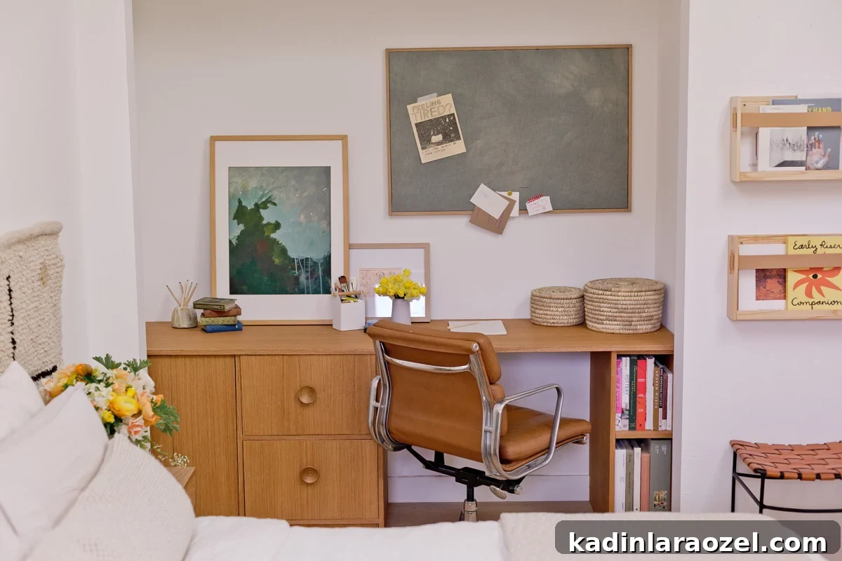 Guest Bedroom Closet Desk Makeover: DIY Small-Space Workstation 9 warm wood desk inside a guest bedroom closet - small space home office