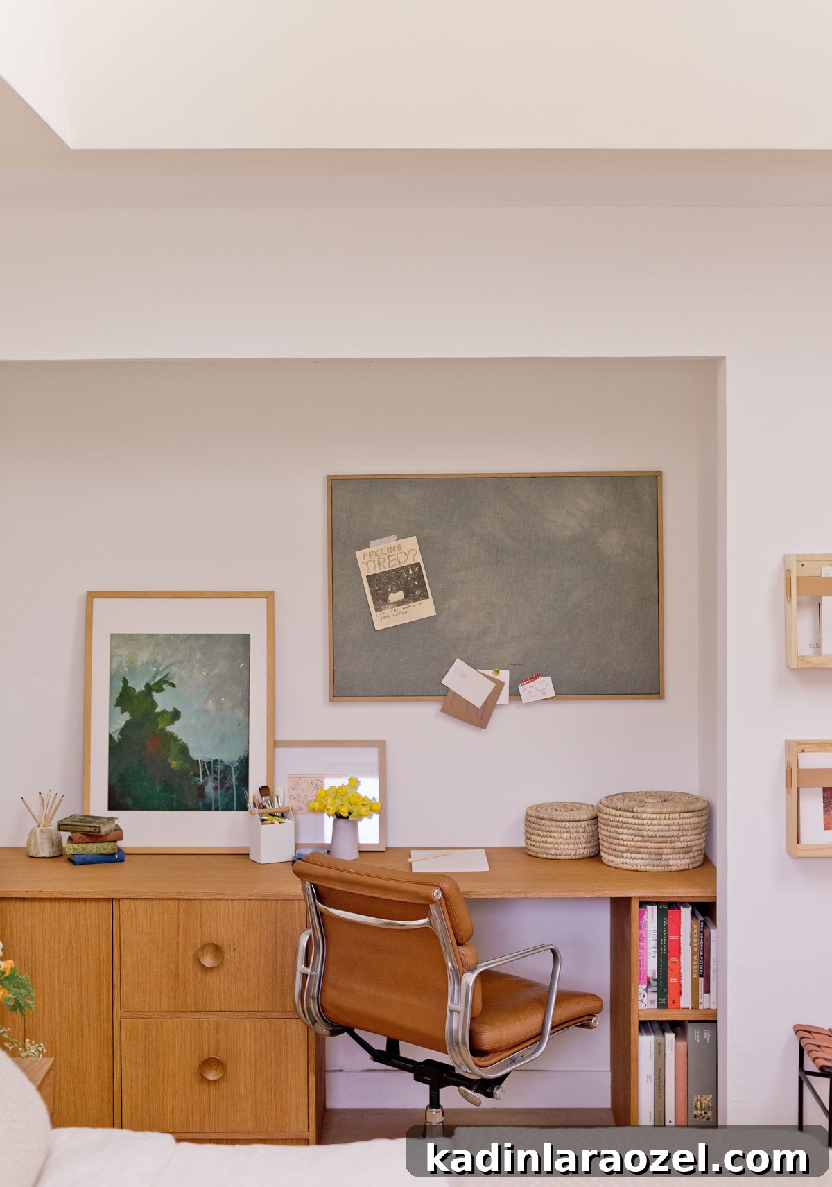 Guest Bedroom Closet Desk Makeover: DIY Small-Space Workstation 10 wood desk in minimal modern style with art on the walls and minimal styling