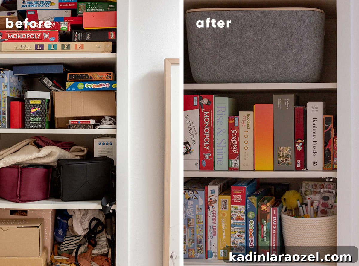 Side by side before and after images of a messy hall closet vs an organized and today closet