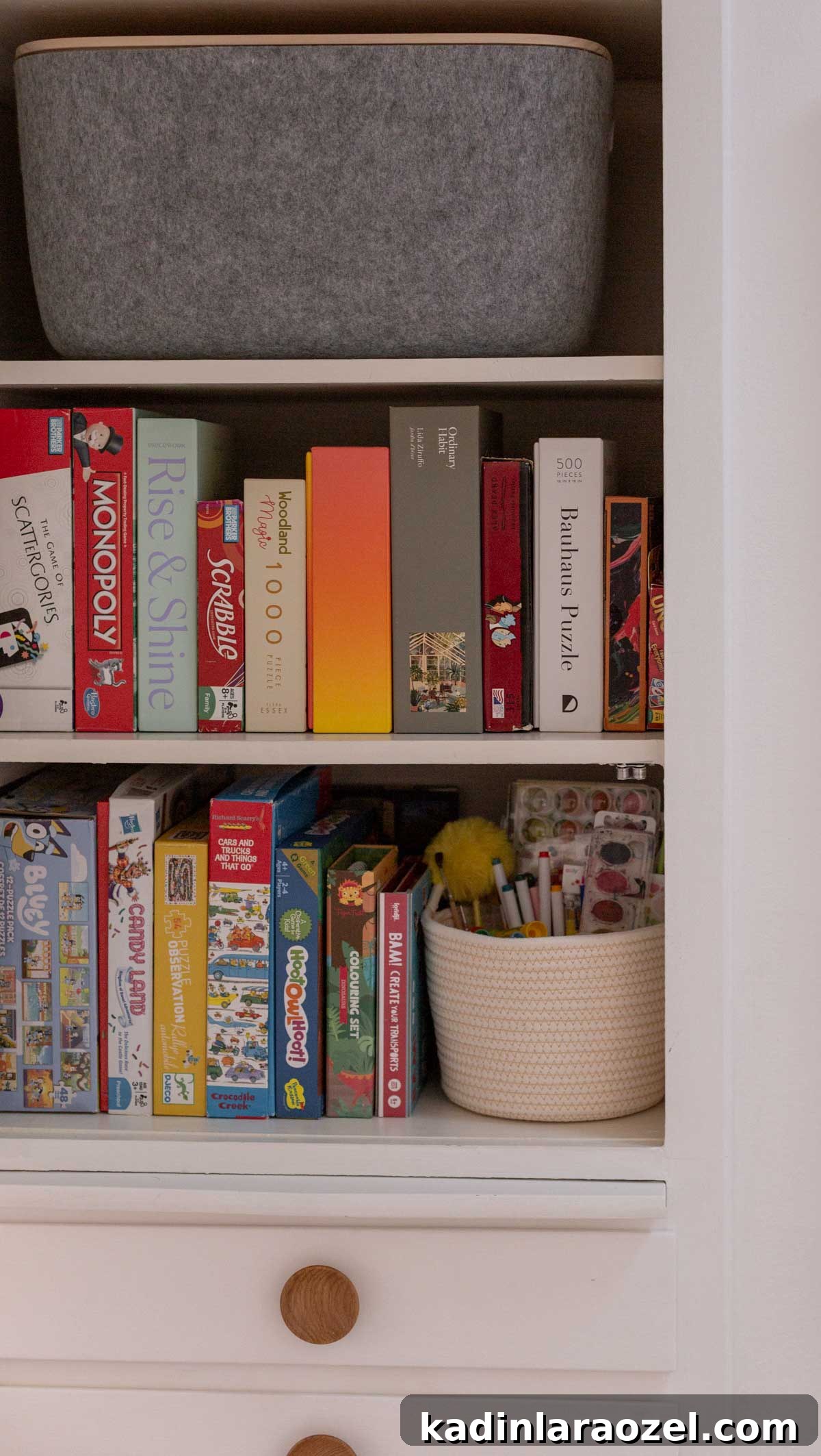 Organized hall closet with lined up board games, puzzles, and bins