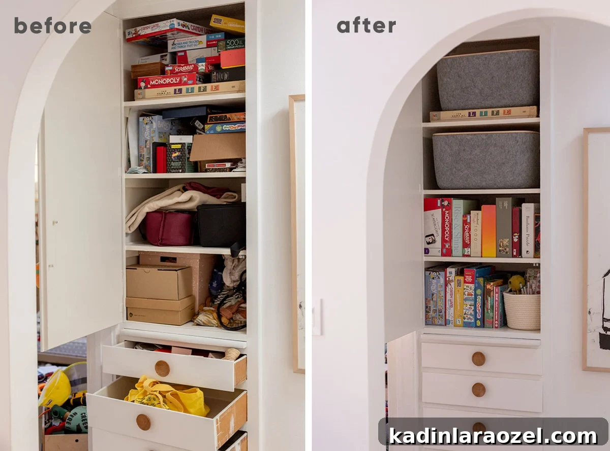 Side by side before and after of hall closet messy and then completely tidy and organized 