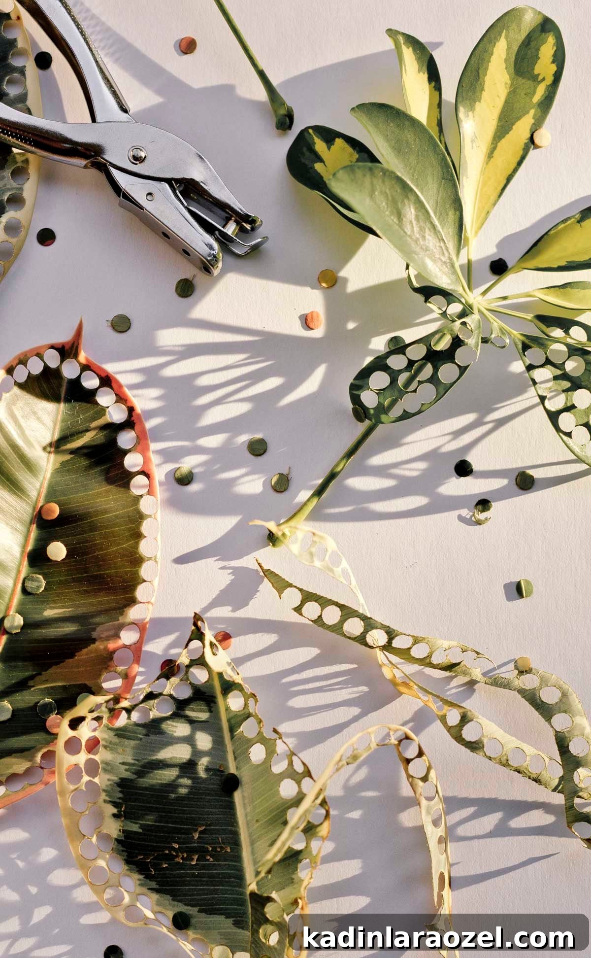 leaves being punched with holes with a hole punch to make eco friendly confetti