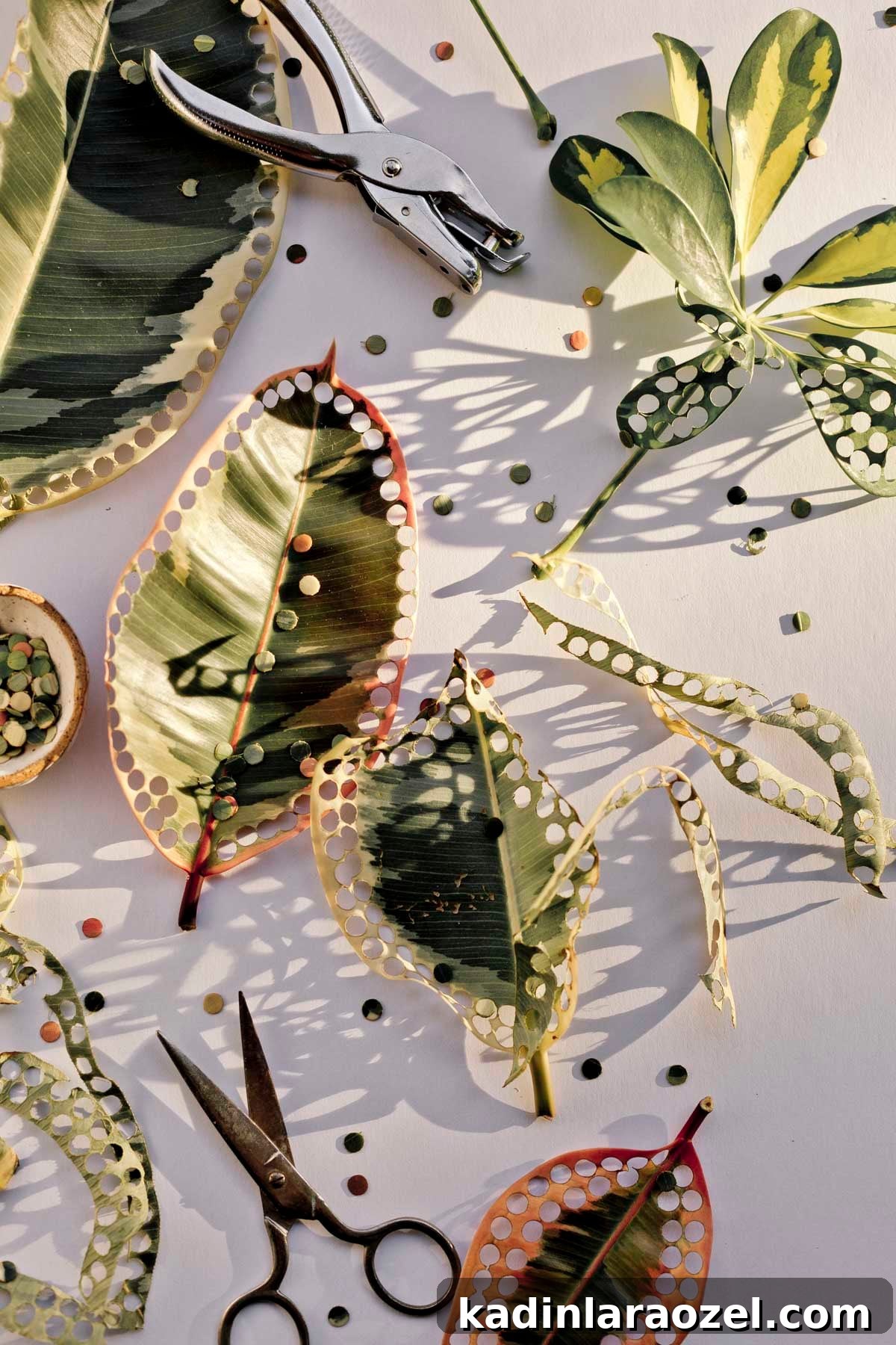 holes punched leaves laid out on a table to make confetti with scissors and a silver hole punch