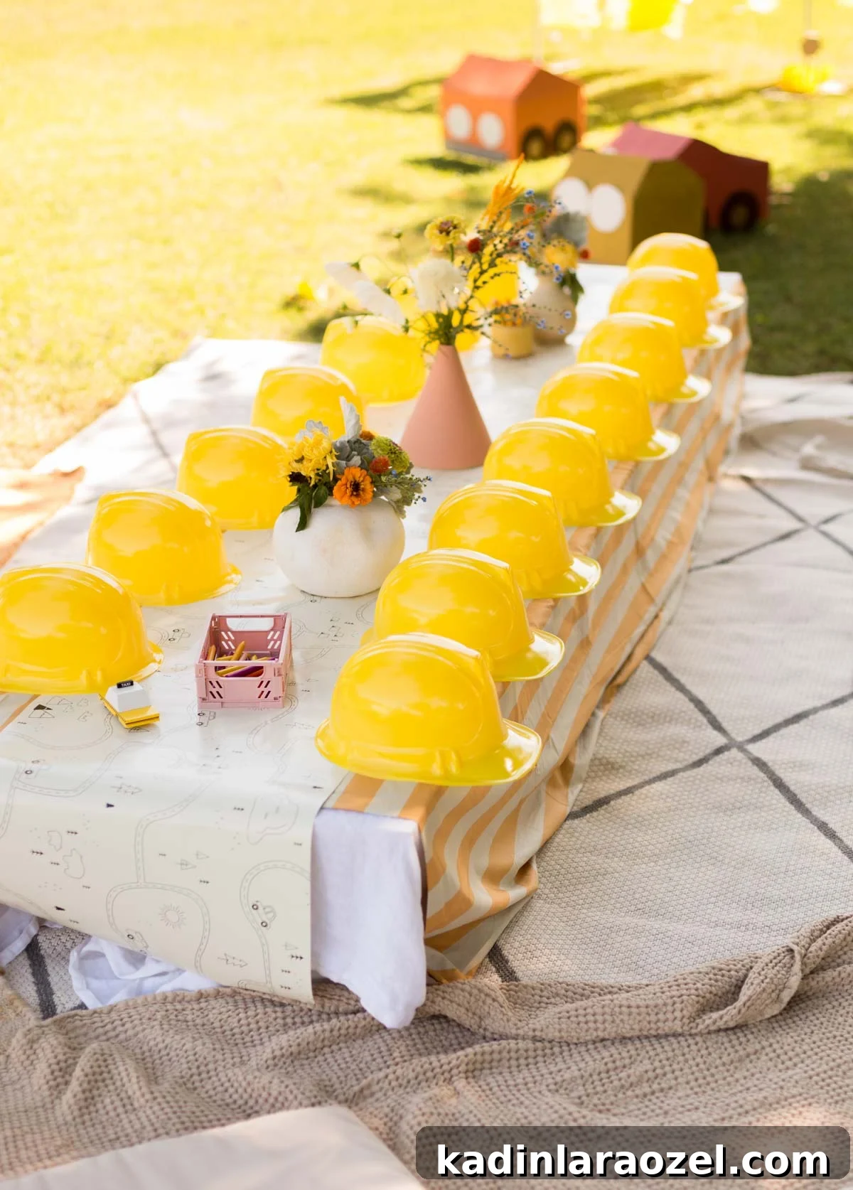Construction and Car-Themed Birthday Party Ideas for Kids 3 low kids table with orange stripes and plastic construction worker hast for kids lined up on the table