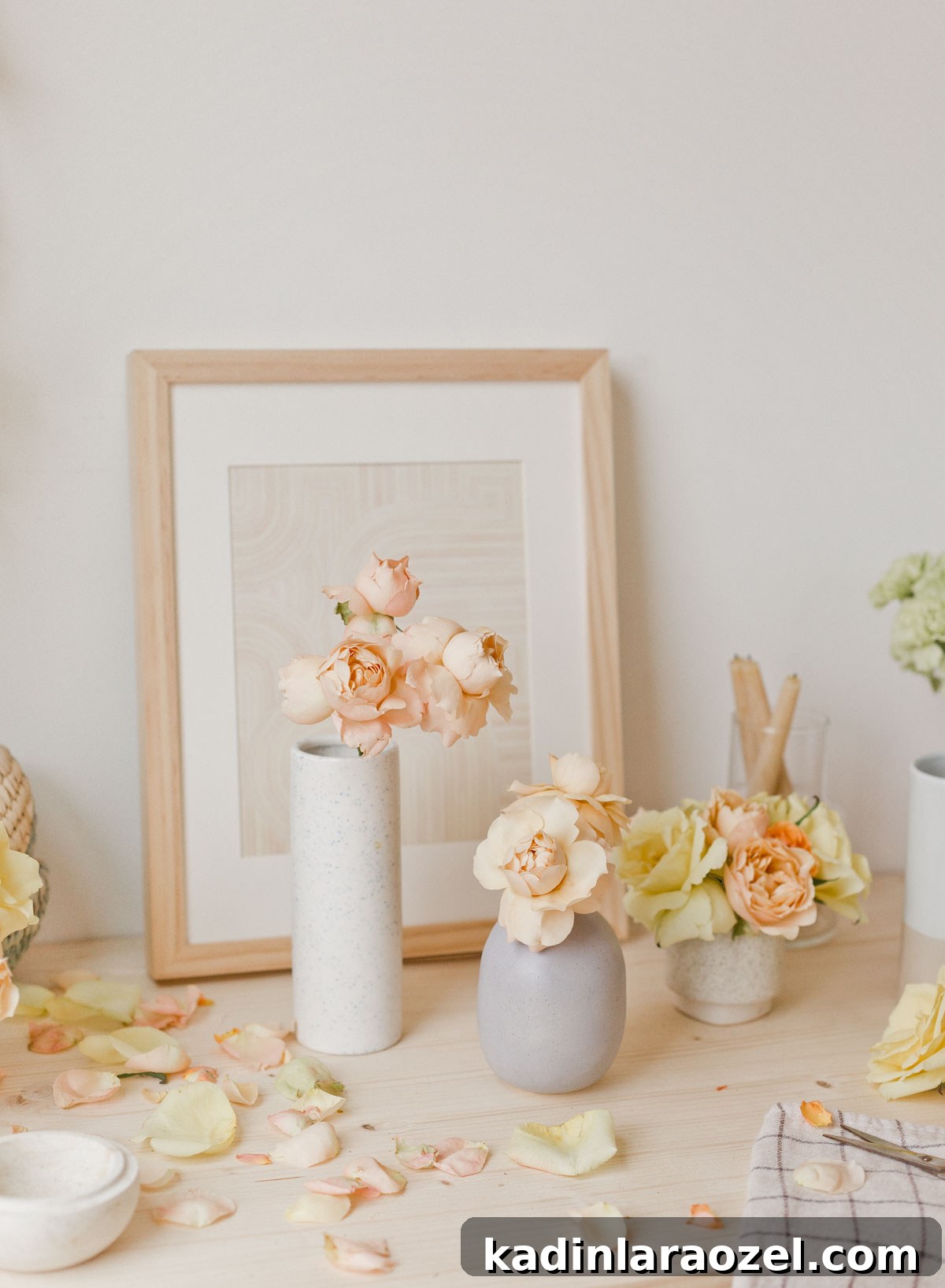 Instant Ways to Upgrade Grocery Store Flowers for Stunning Bouquets 3 pastel pink roses in minimal modern vases, also in pastel colors