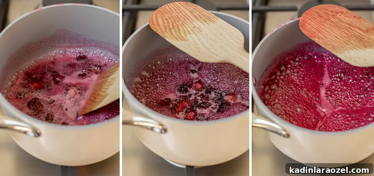 Three-Ingredient Blackberry Syrup Recipe for Pancakes and Desserts 4 cooking blackberries in a pot, showing the progression of each stage