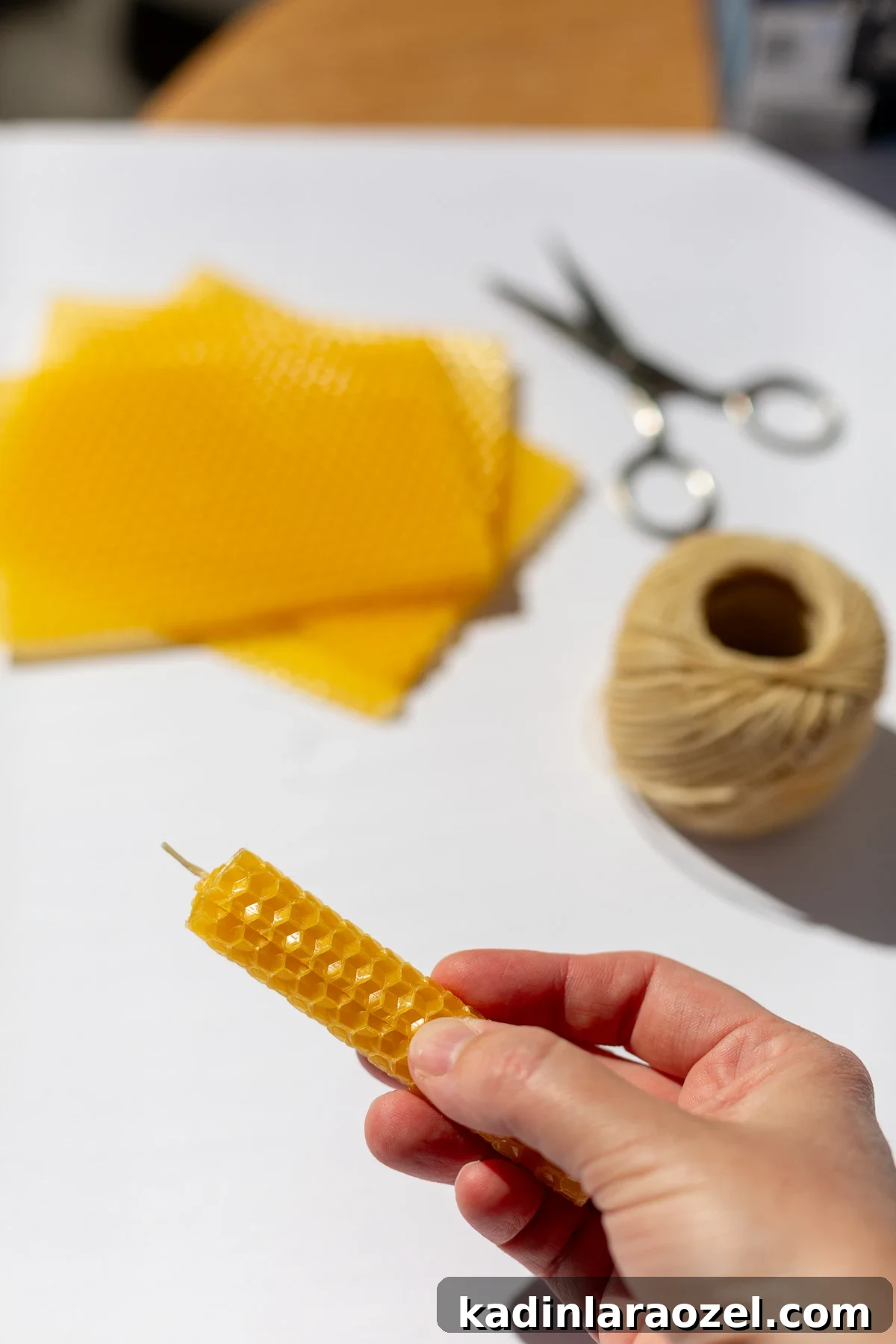 Make Rolled Beeswax Candles: Step-by-Step Guide for Beginners 7 person holding rolled beeswax candle