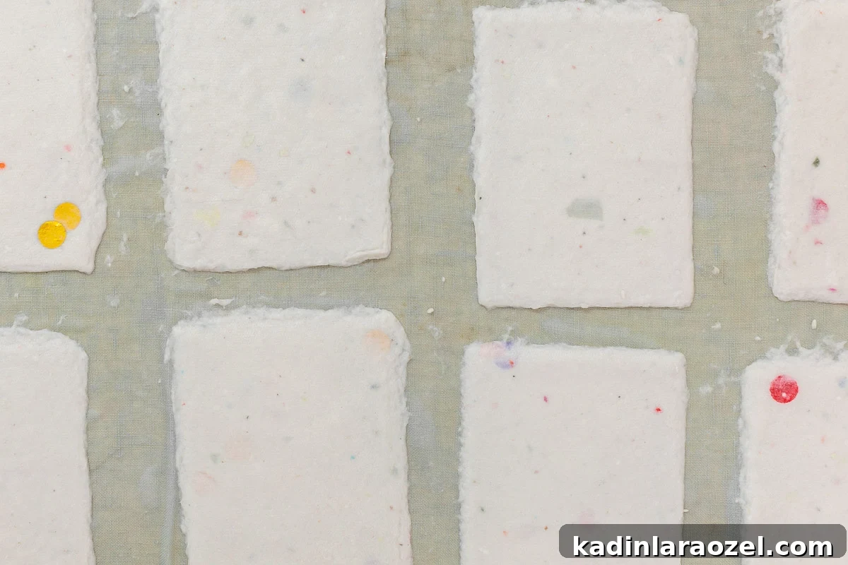 homemade paper laid out in rows to dry on a towel