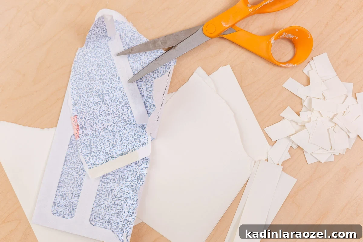cut up pieces of junk mail and scissors on wood table