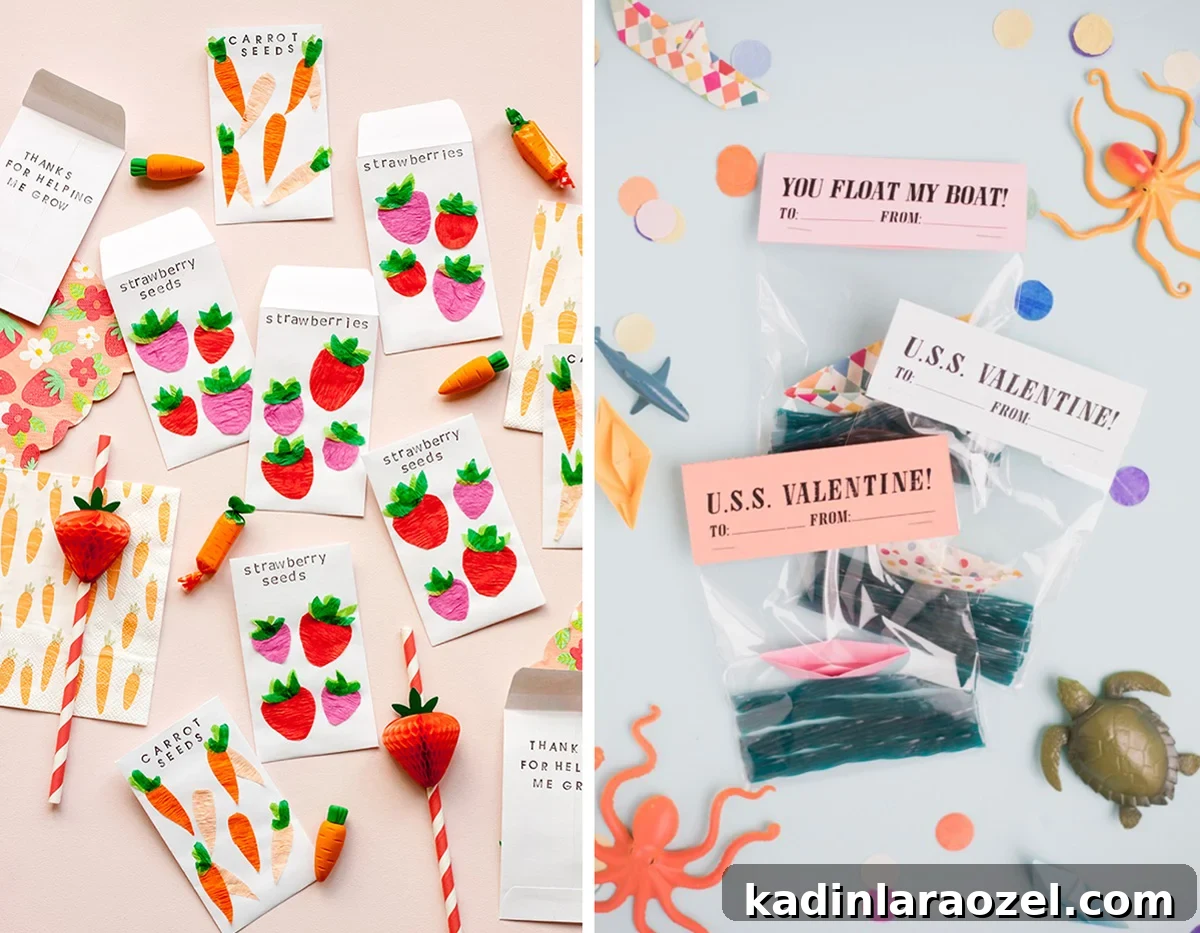 diy valentines made for kids, in the themes of strawberries and the ocean