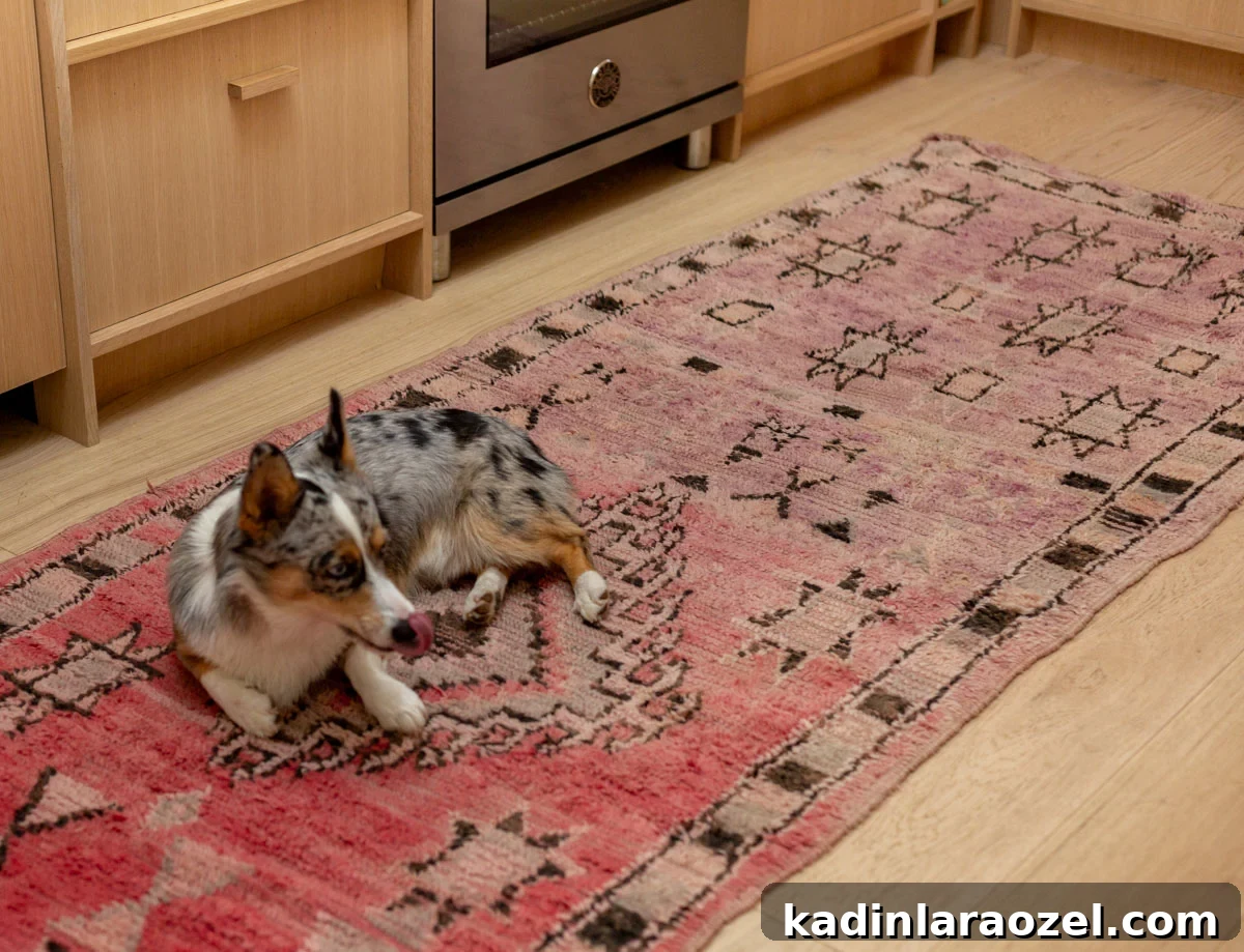 I Pressure Washed a Vintage Moroccan Rug — What Happened Next 2 corgi dog laying down on red and pink vintage rug in modern kitchen