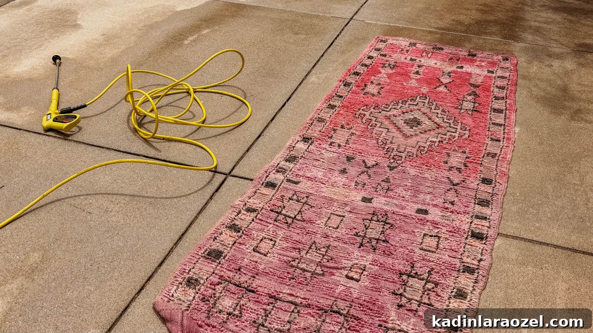 I Pressure Washed a Vintage Moroccan Rug — What Happened Next 3 vintage rug laid out on driveway before being washed