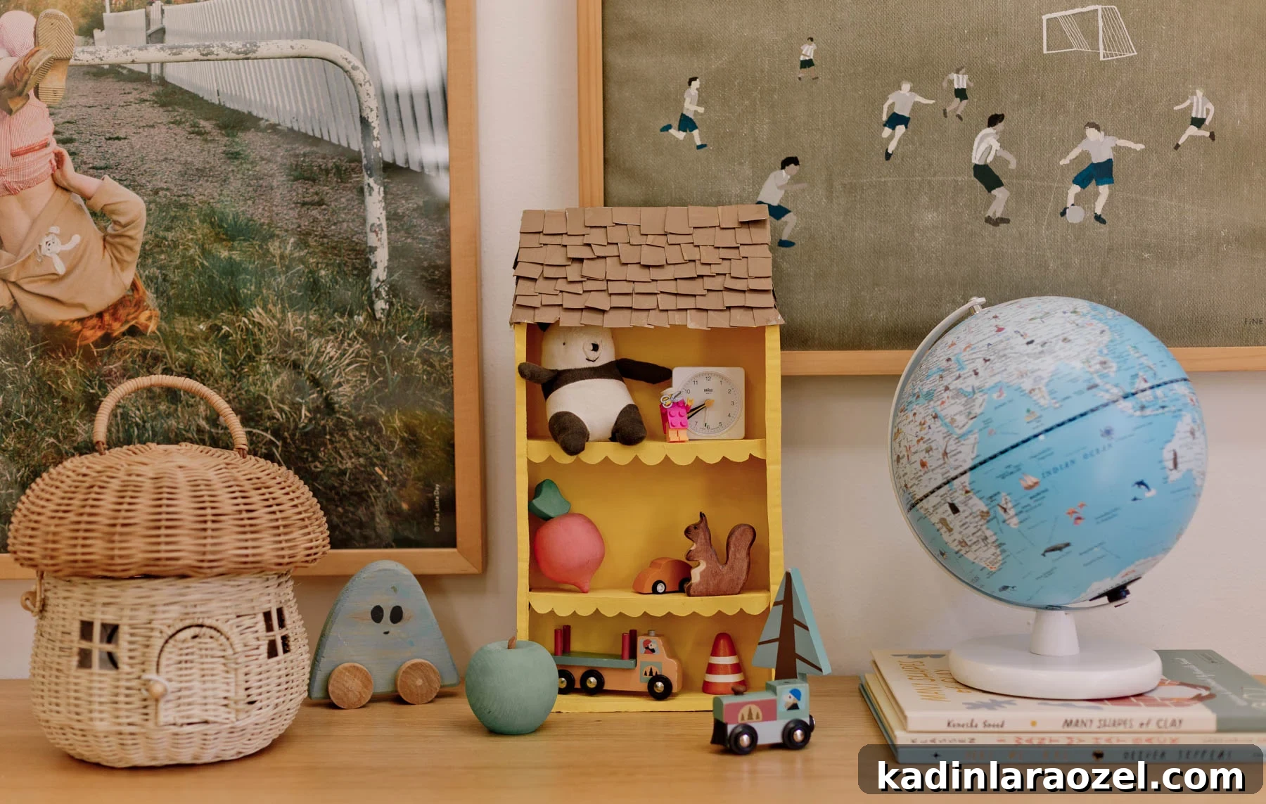 DIY Cardboard Dollhouse Made from a Cereal Box 3 kids room with cool artwork and unique decor on a wood dresser