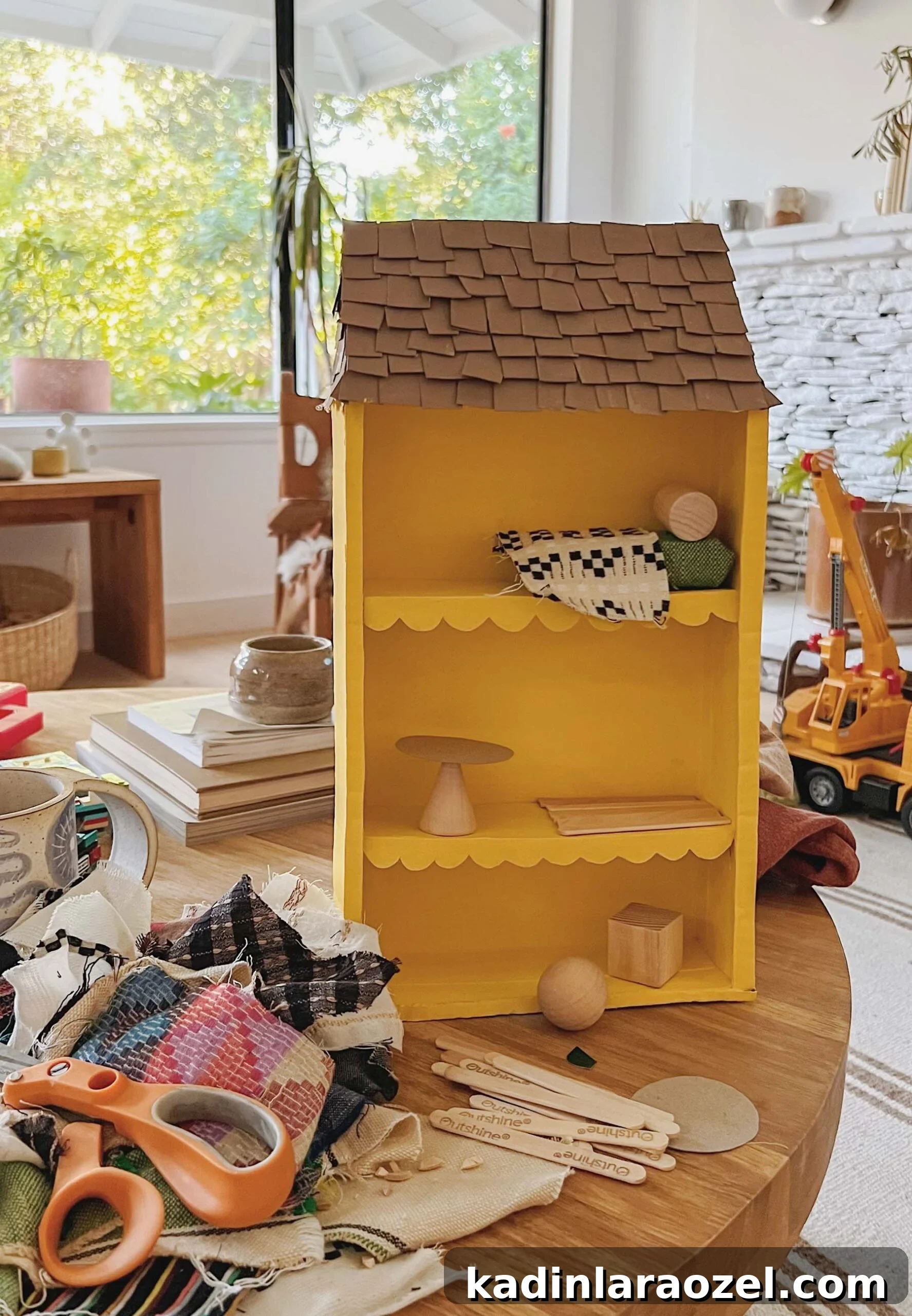DIY Cardboard Dollhouse Made from a Cereal Box 7 yellow dollhouse diy with homemade tiny furniture