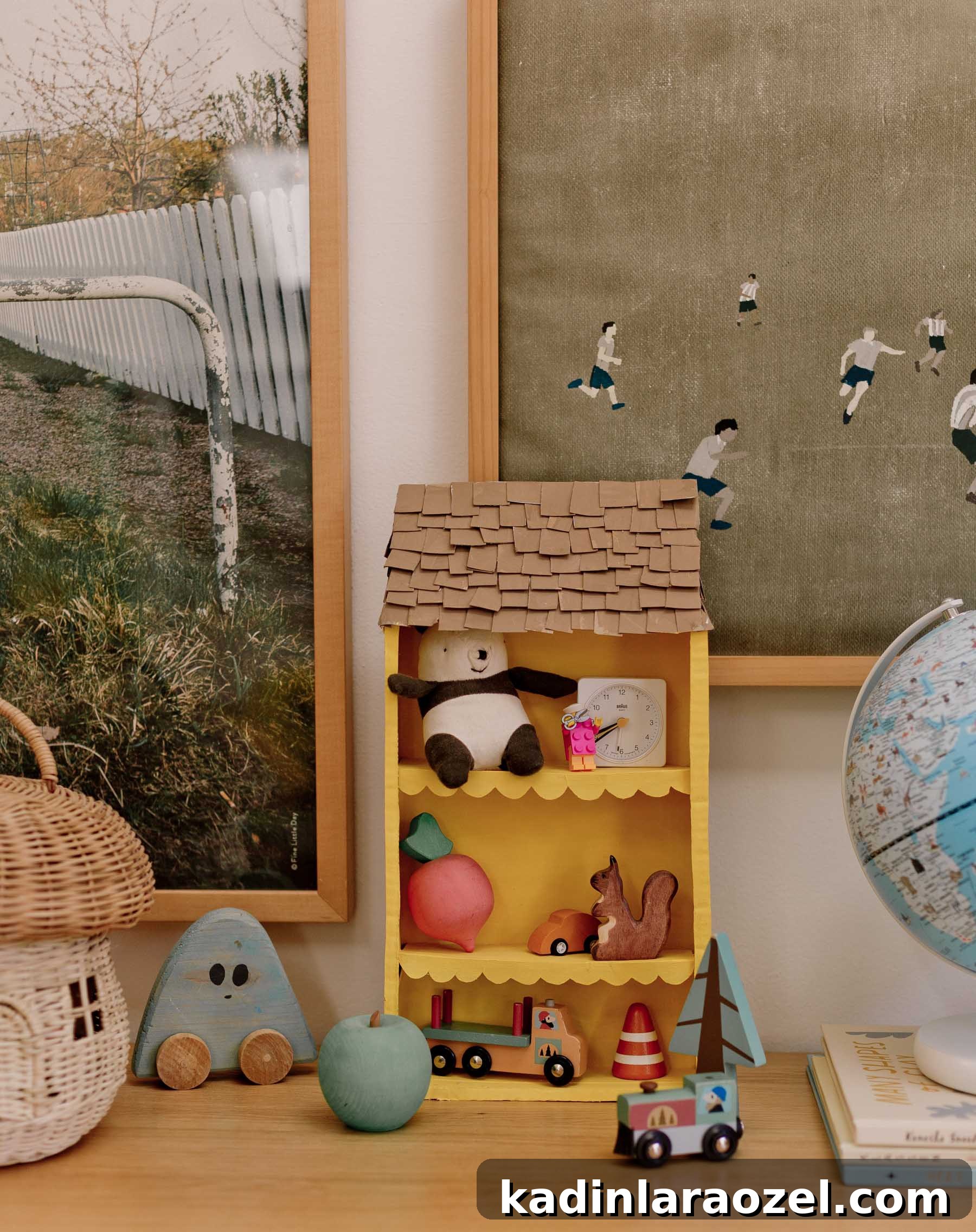 DIY Cardboard Dollhouse Made from a Cereal Box 8 yellow minimal modern dollhouse diy in a kid's room