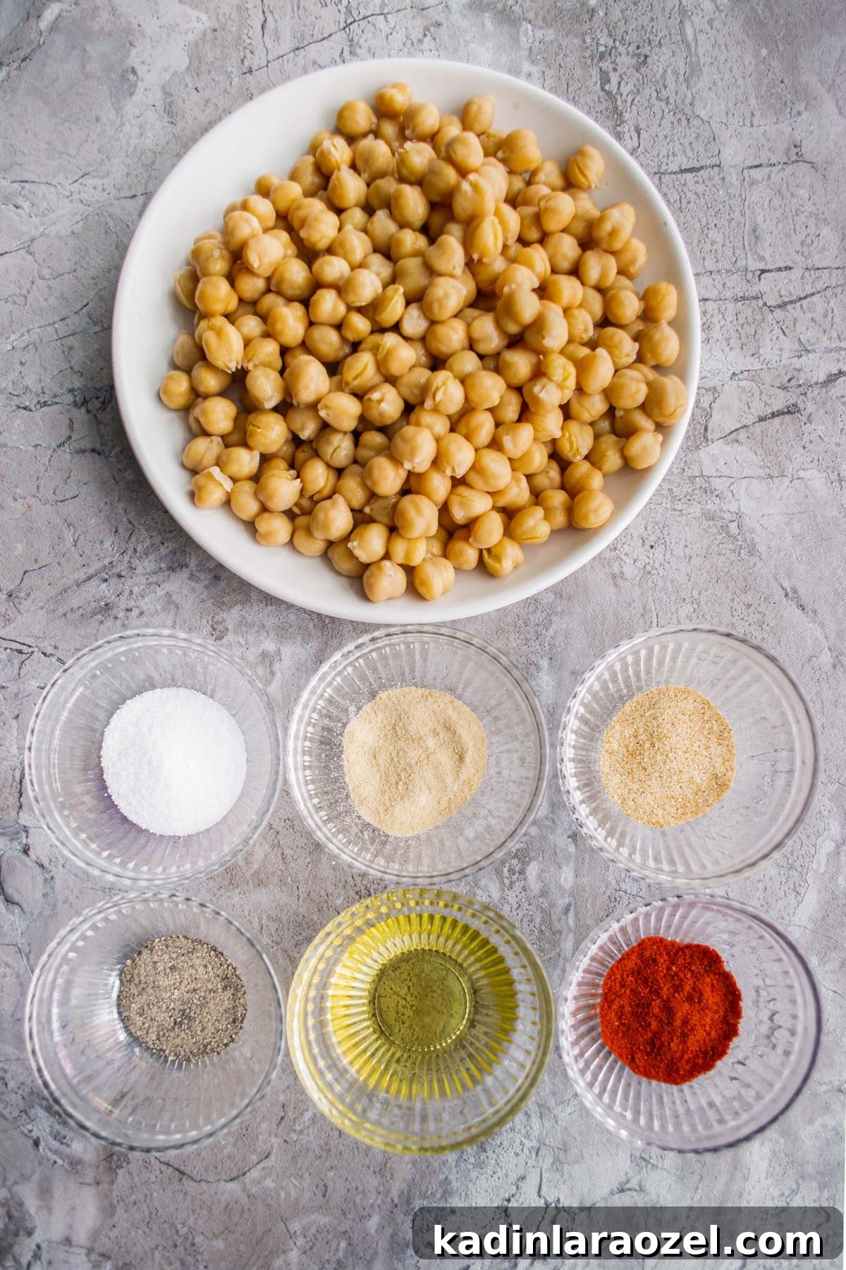 Crispy Roasted Chickpeas Recipe for Snack or Salad Topping 3 ingredients laid out on countertop for roasted chickpeas recipe