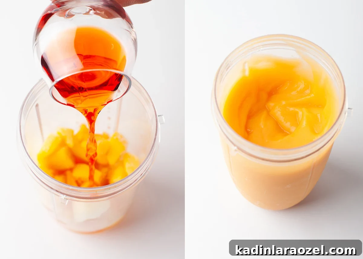 pouring ingredients for a frozen cocktail into a blender and a side by side of it blended