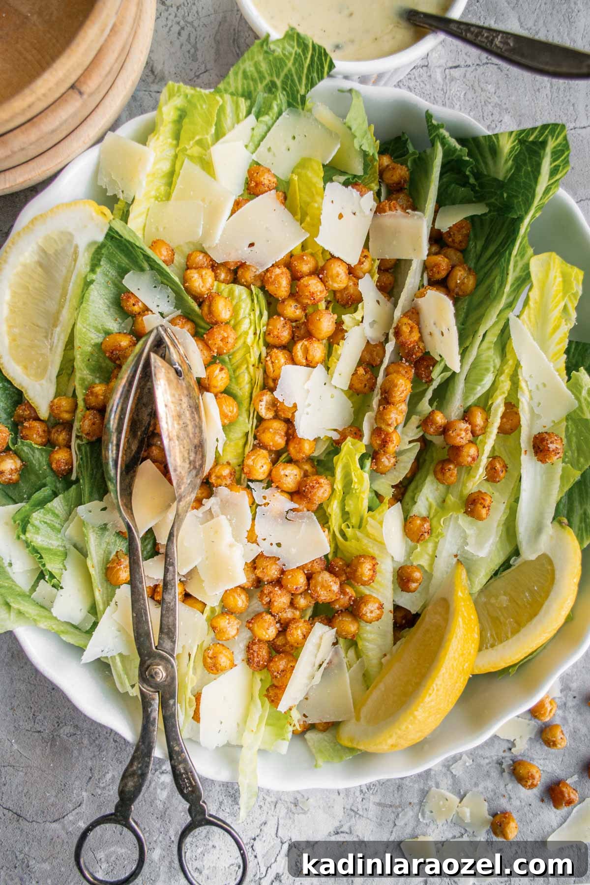 romaine lettuce and roasted chickpeas with lemons