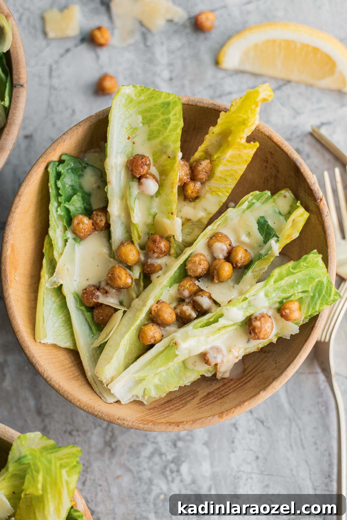 small salad bowl with romaine lettuce and roasted chickpeas