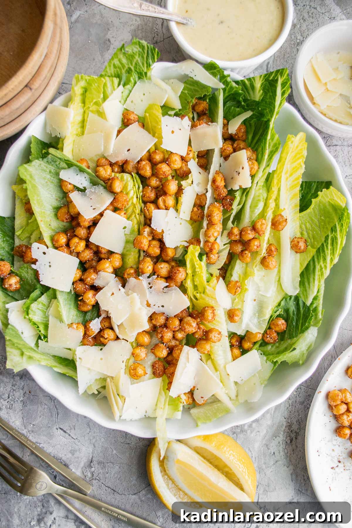 closeup for salad with roasted chickpeas and shaved parmesan