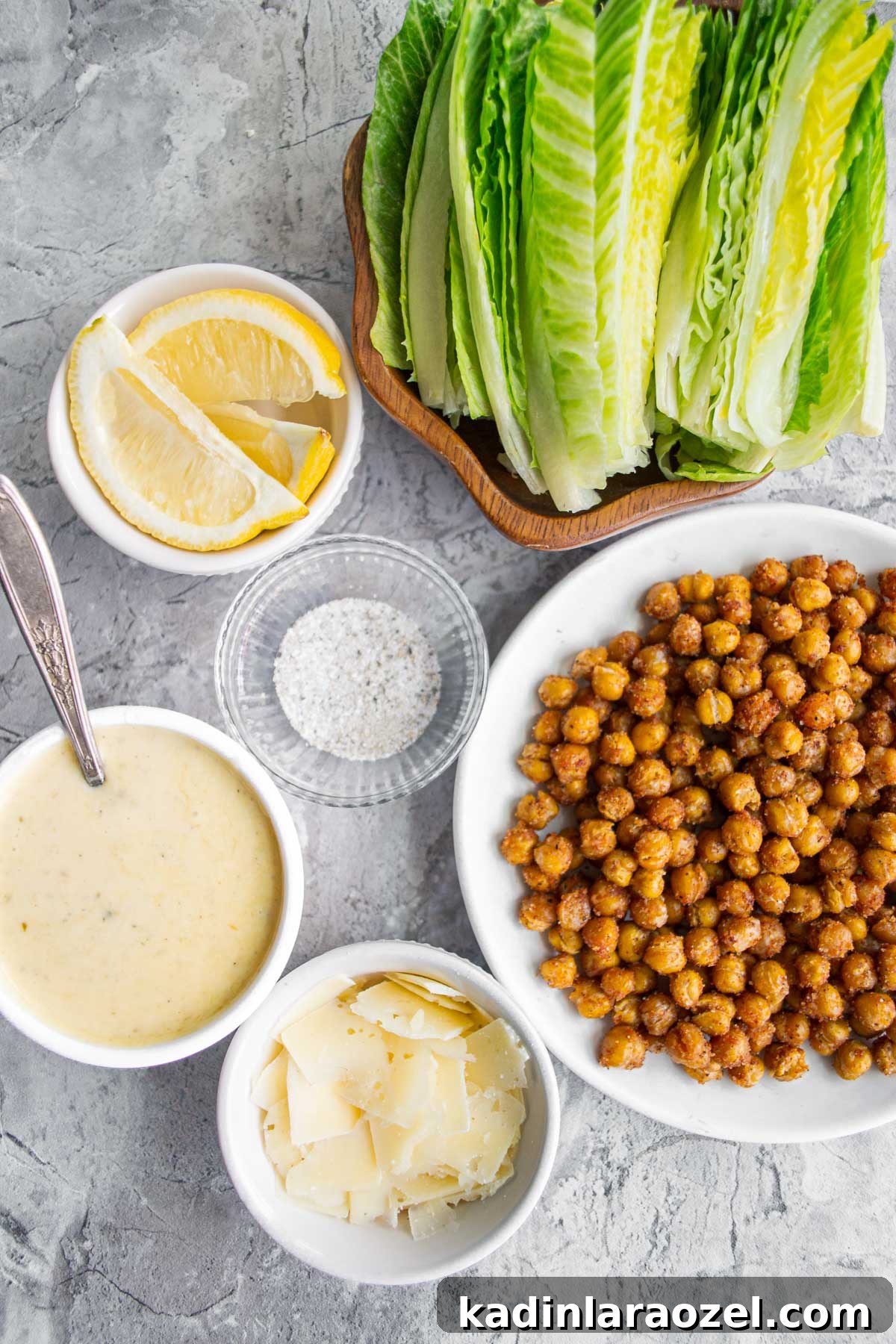 ingredients on grey stone counter for Crispy Chickpea Salad Recipe