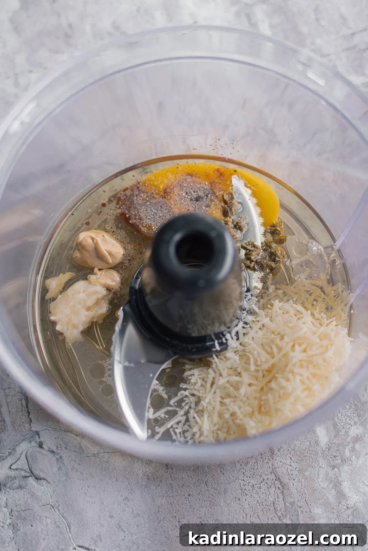 ingredients for homemade salad dressing, in food processor