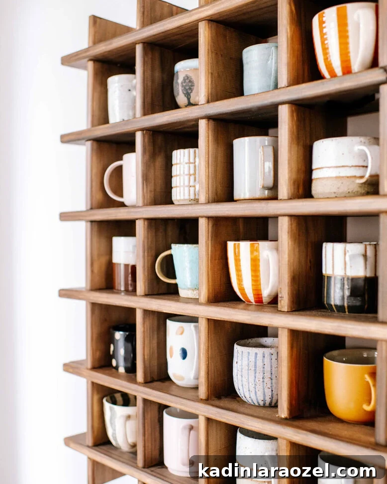 wood wall shelf with many small boxes, hanging on the wall, with handmade ceramic mugs inside each square