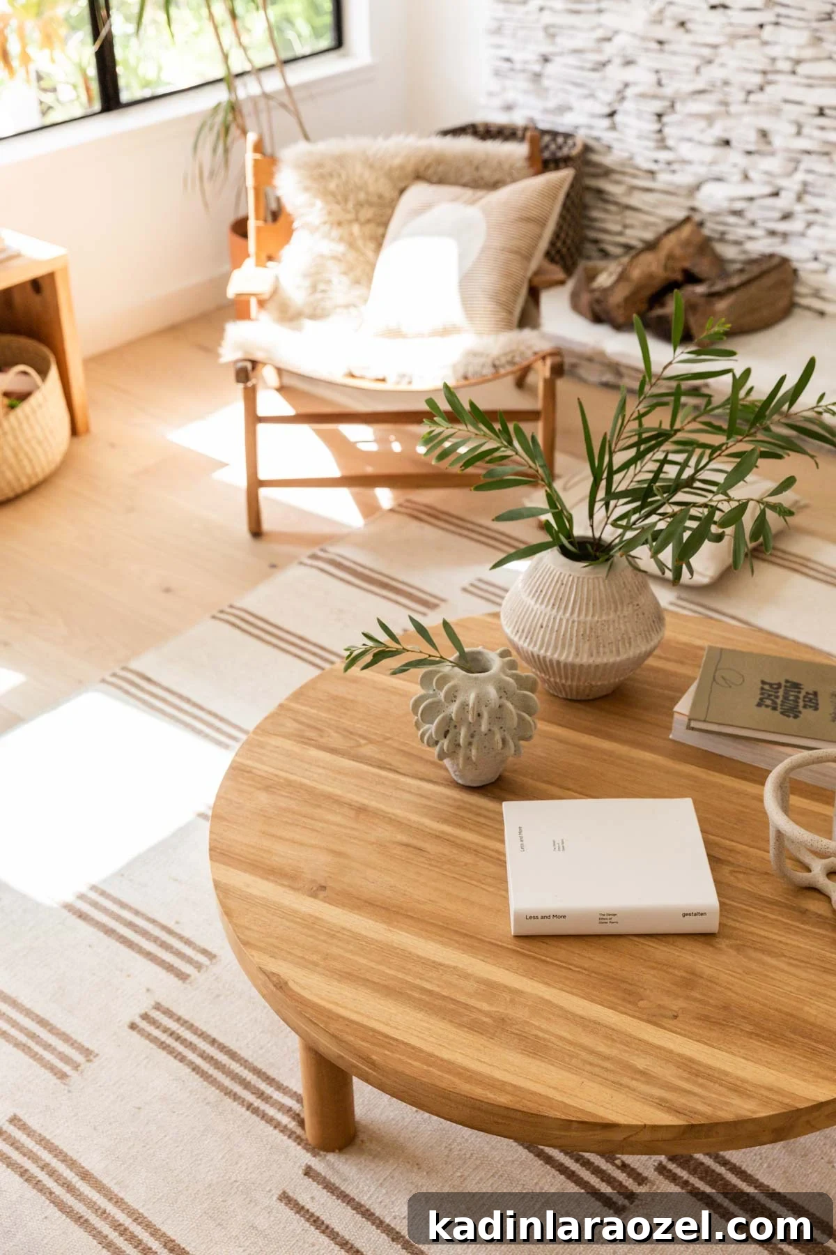 round wood table with chunky legs in a boho modern living room