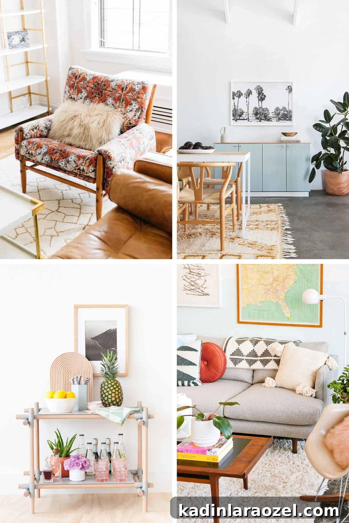 roundup of diy furniture projects, including a living room chair, bar cart, sofa, and built-in cabinet idea