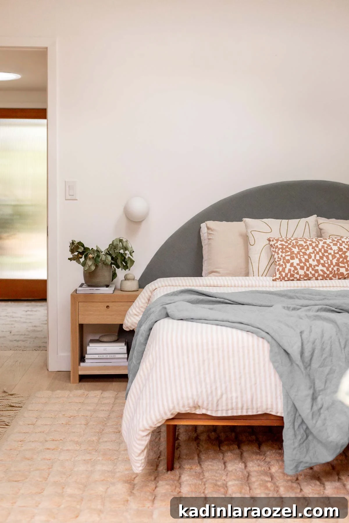 organic modern bedroom with earthy blue accents and neutrals