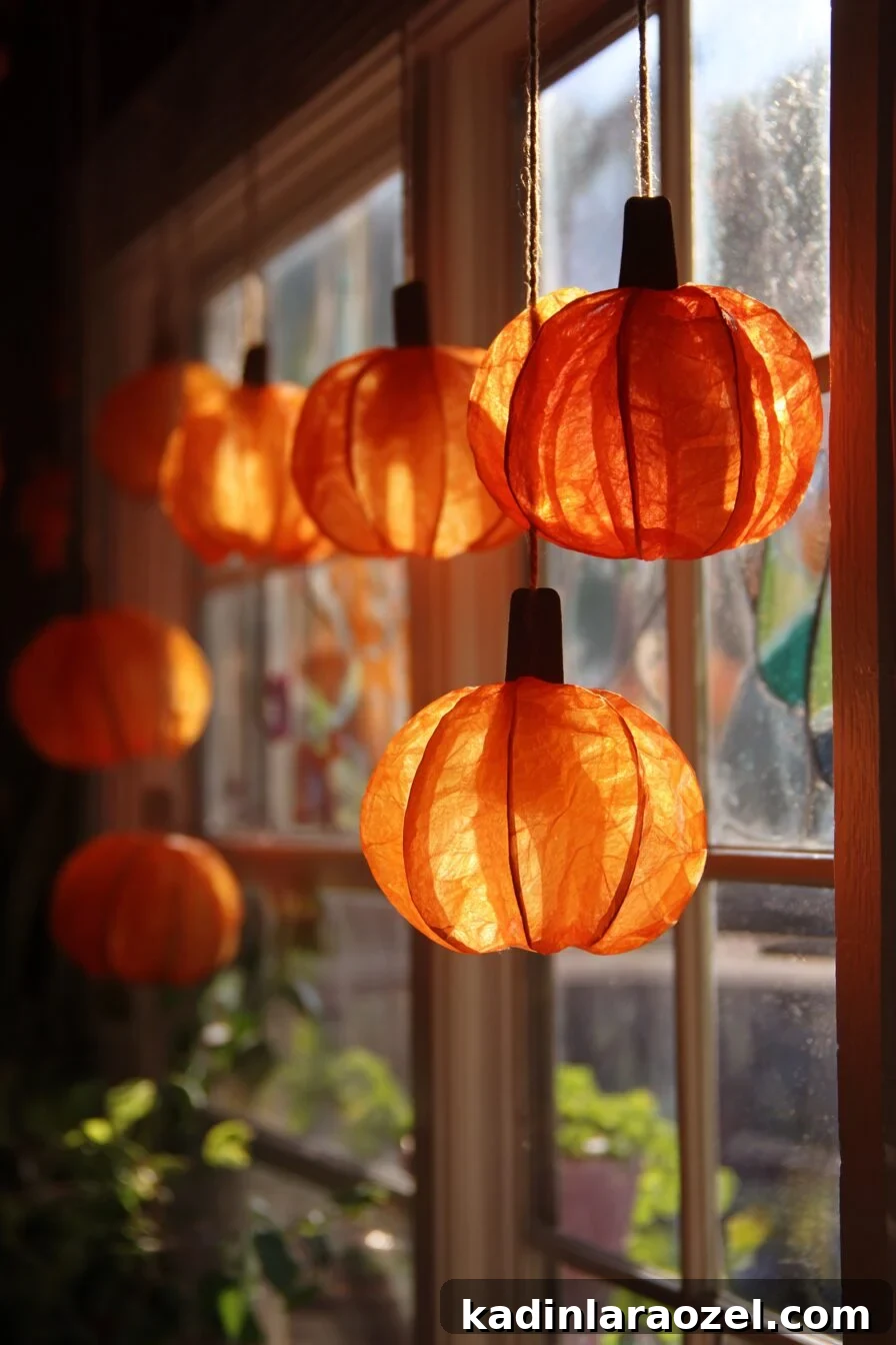 hanging tissue paper pumpkin crafts in the window