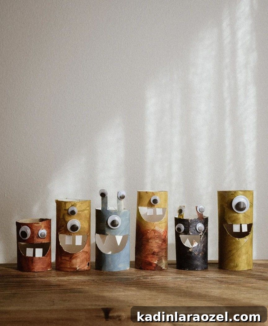 cute kid monster decor made of toilet paper rolls and googly eyes