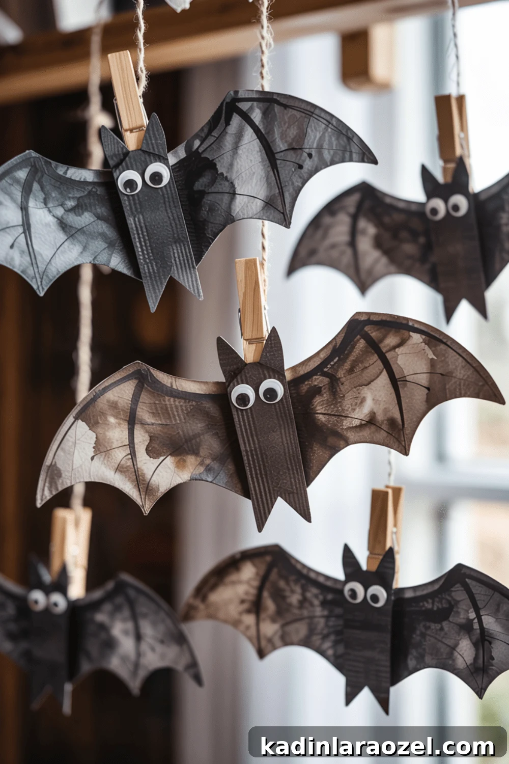 crafty bats hanging from a string with googly eyes