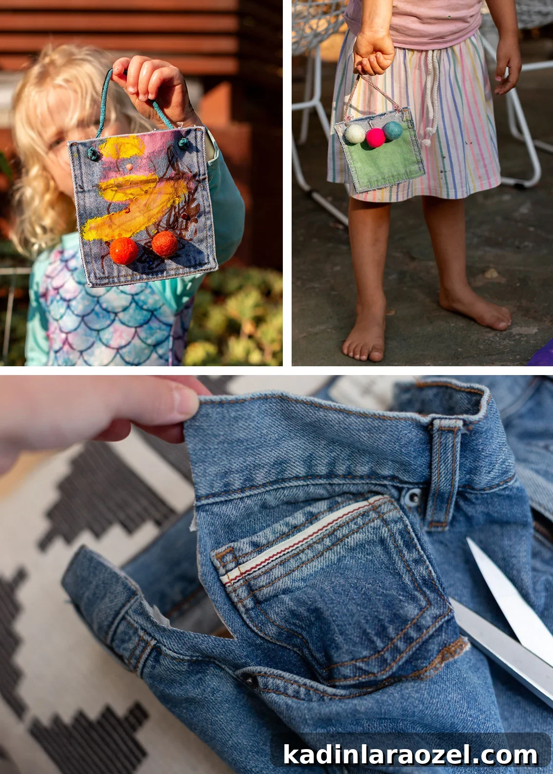 DIY No-Sew Kids' Purse from Old Jeans 11 cutting a pair of denim jeans with scissors to make small pouches and purses