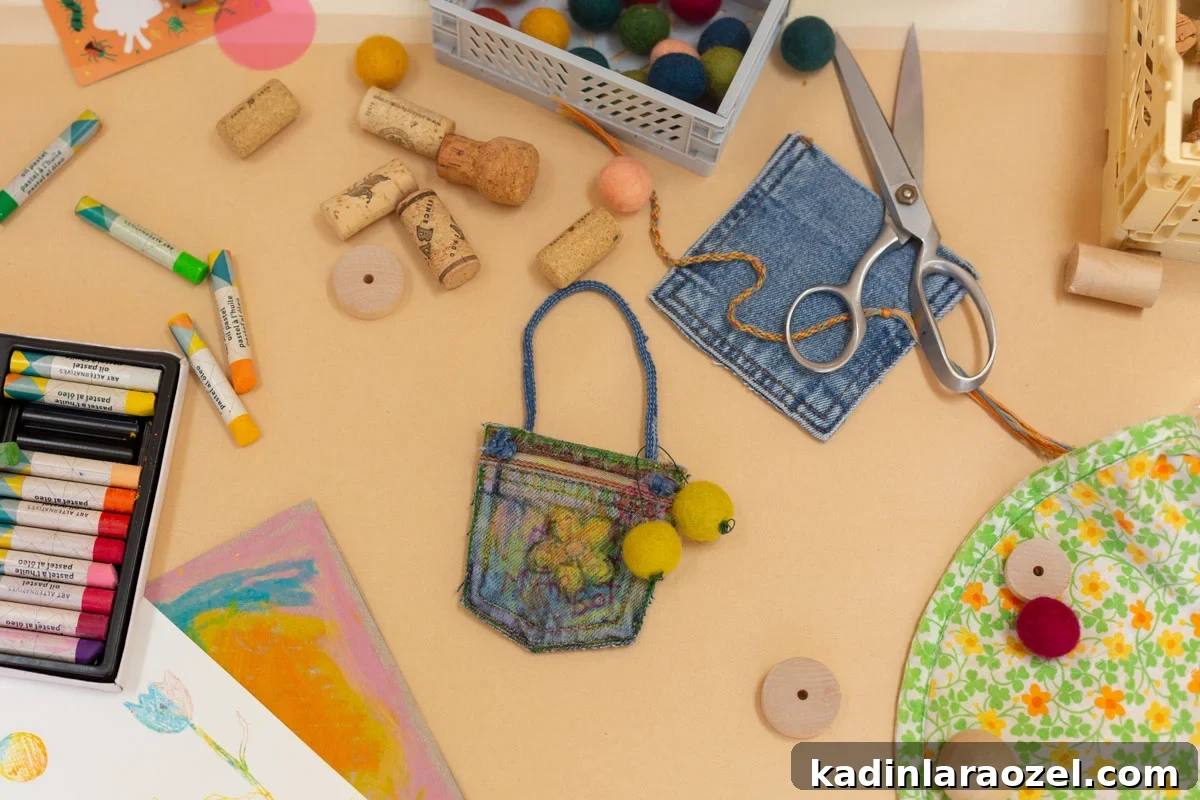 DIY No-Sew Kids' Purse from Old Jeans 3 craft supplies laid out on table with homemade jean purse in the middle