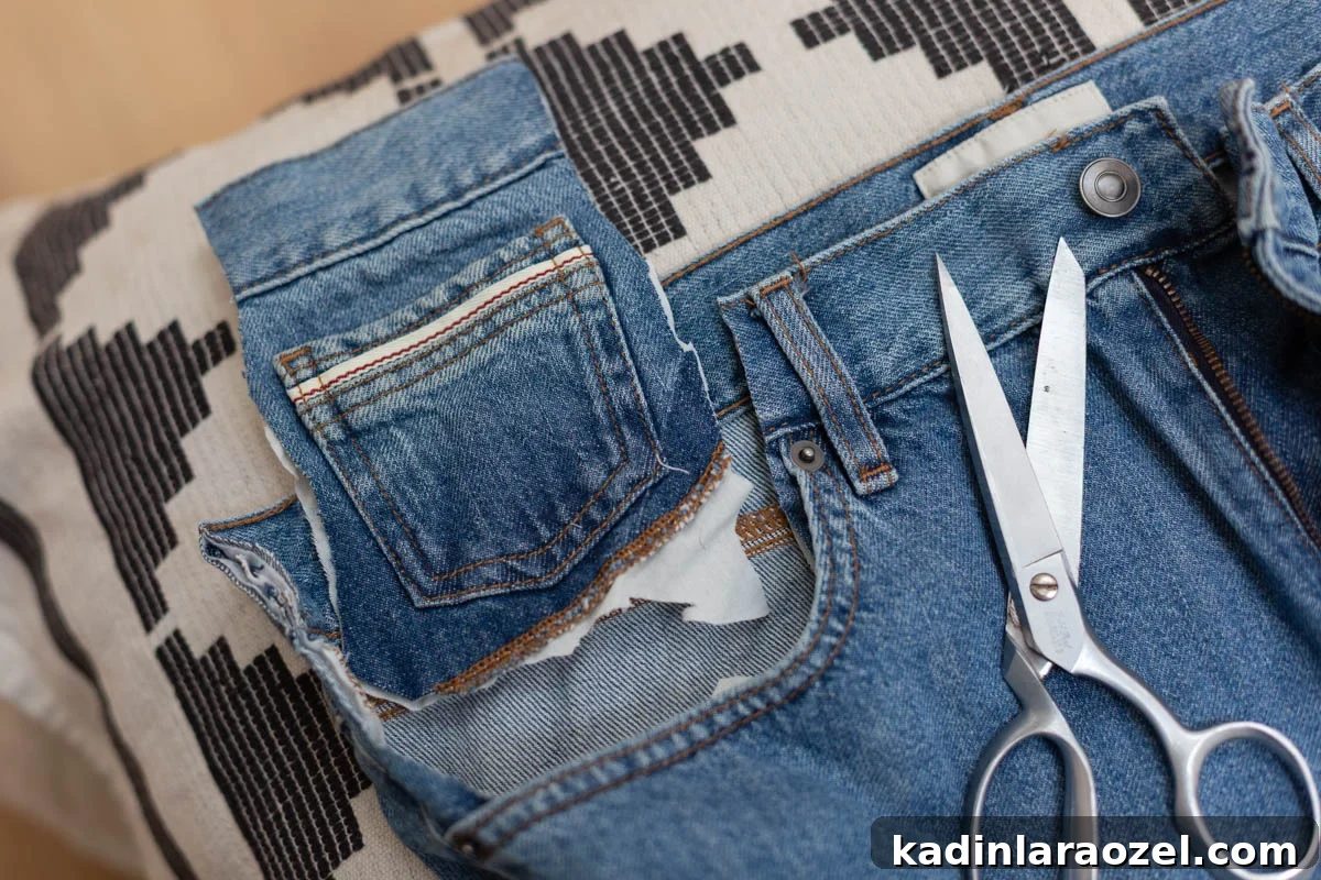 DIY No-Sew Kids' Purse from Old Jeans 5 cutting small pocket from denim pants for a craft project