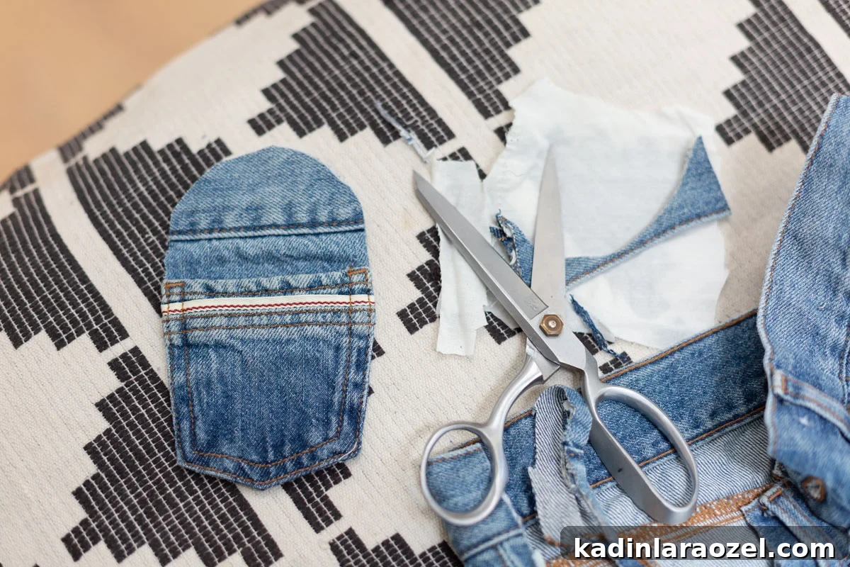 DIY No-Sew Kids' Purse from Old Jeans 6 cutting small pocket from denim jeans to make a small purse for kids