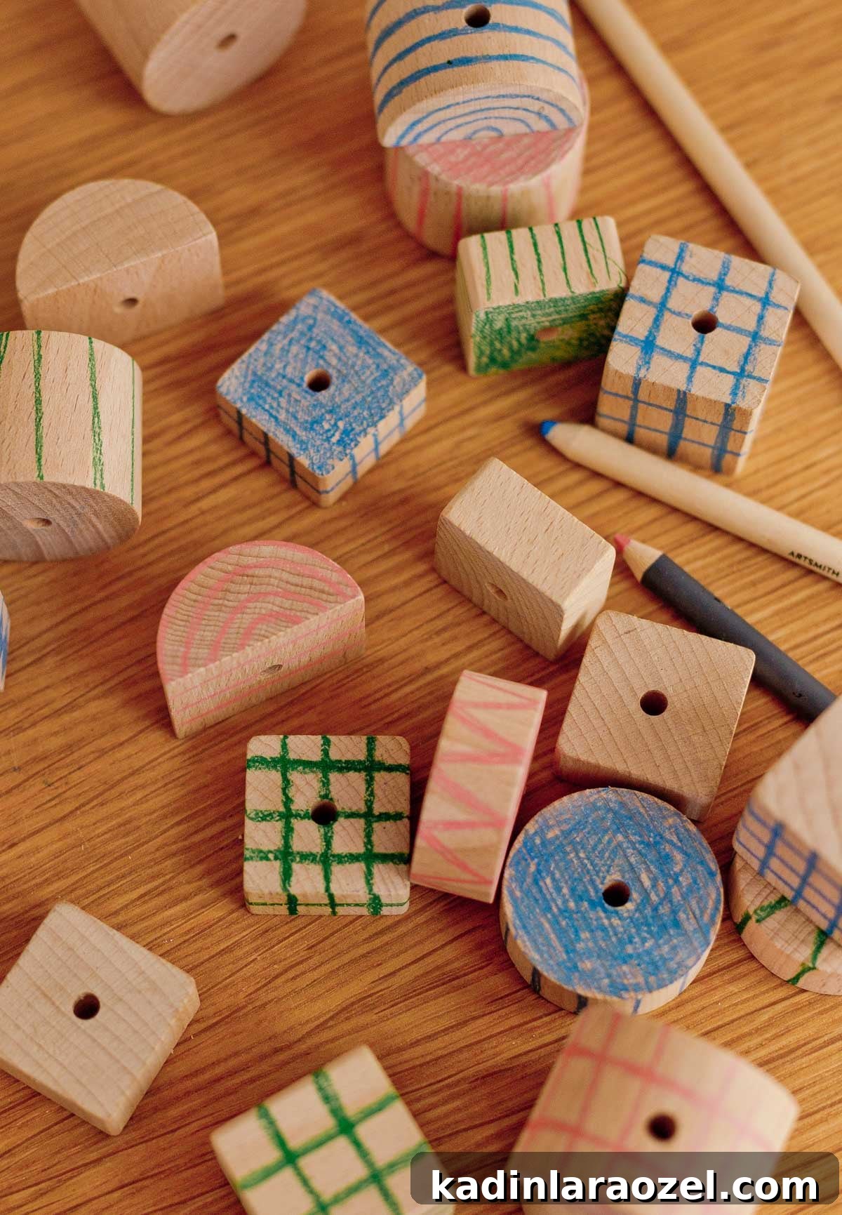 geometric wood blocks in various shapes with simple patterns
