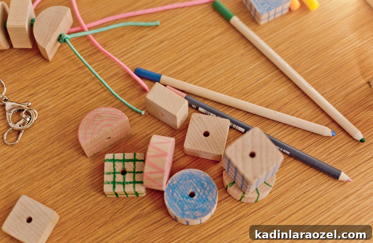 chunky wood blocks with patterns drawn onto them with colored pencils