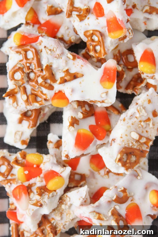 27 Spooky Halloween Desserts to Delight Your Guests 13 closeup of halloween bark with leftover halloween candy and pretzels filling the bark