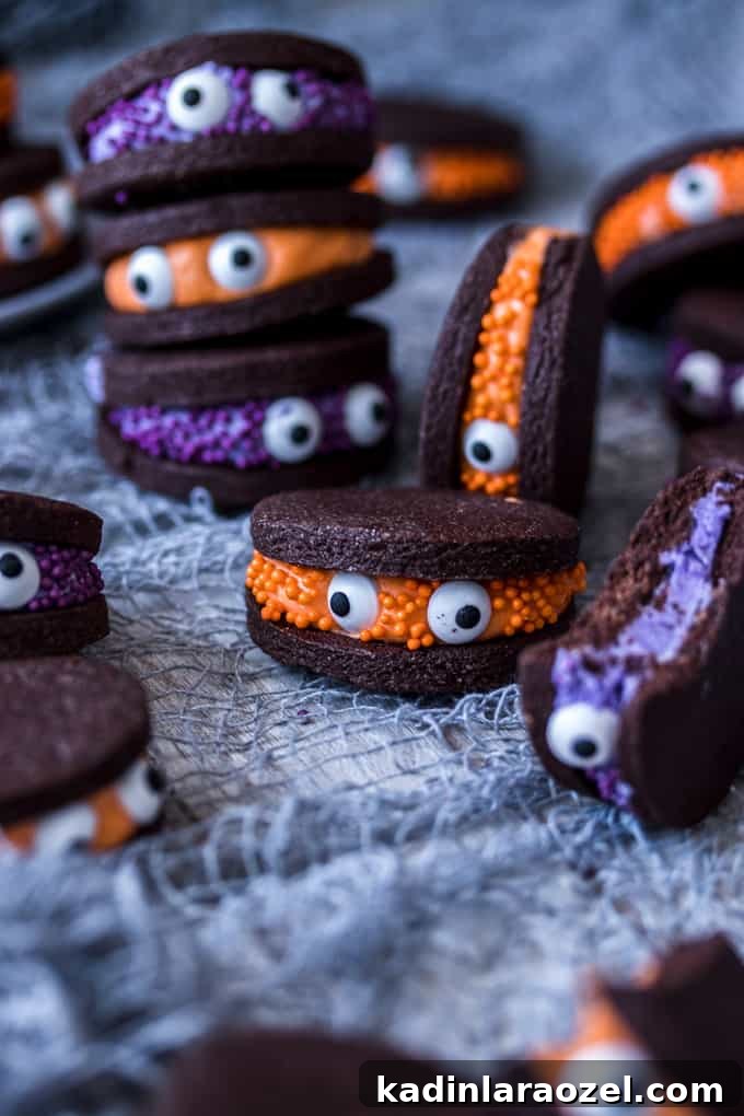 27 Spooky Halloween Desserts to Delight Your Guests 3 halloween cookie sandwiches with chocolate cookies and sprinkled icing on the inside with candy eyes in the middle