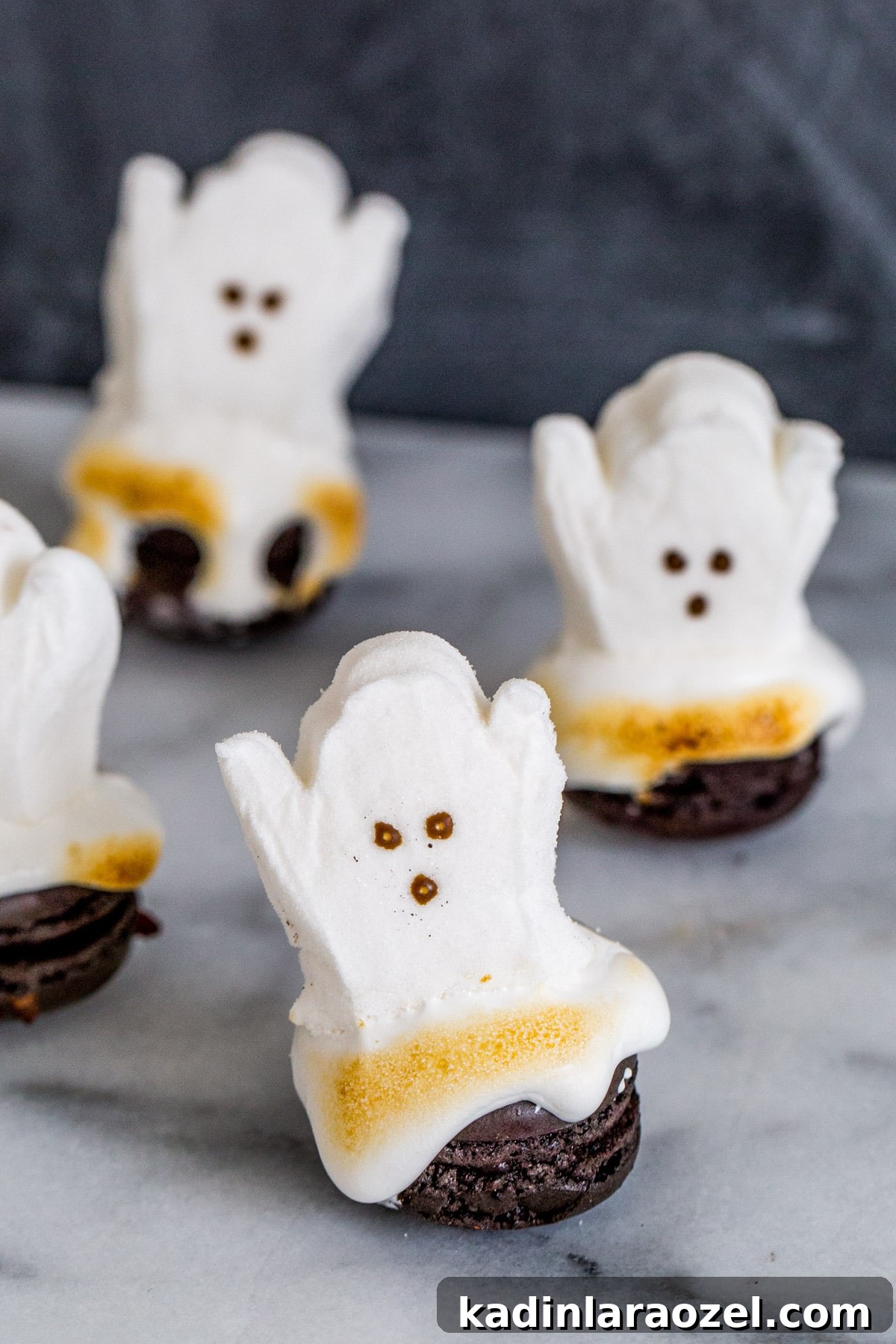 27 Spooky Halloween Desserts to Delight Your Guests 21 toasted marshmallows shaped like ghosts on top of chocolate macarons